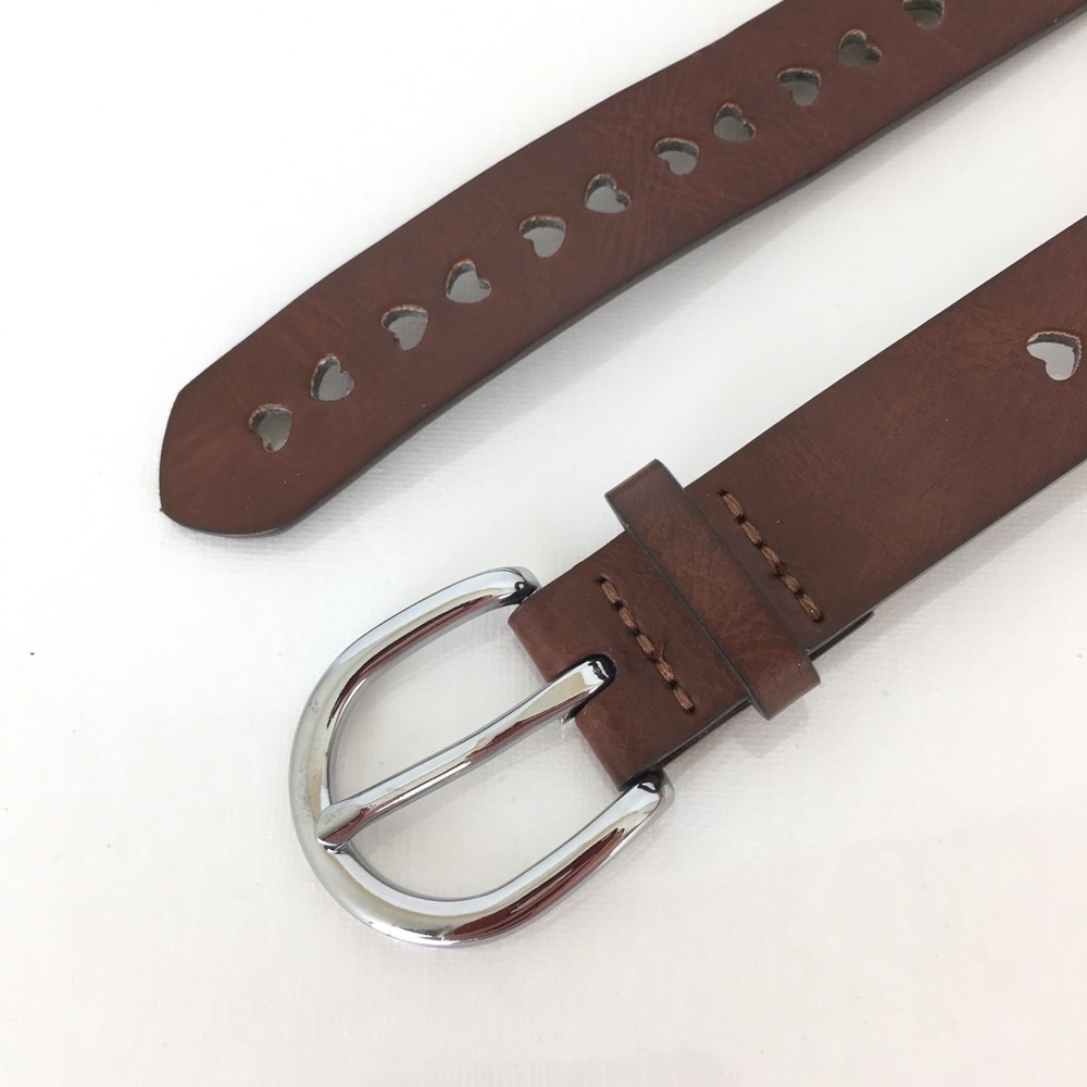 Women’s Thin Heart Filigree Leather Belt Brown Shiny Silver Buckle - Picture 4 of 6